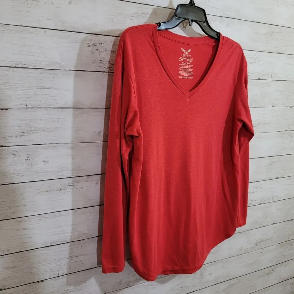 Faded Glory Red V Neck Long Sleeve Tee T Shirt Top Size Small